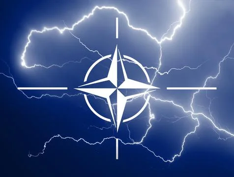 NATO flag pattern with lightning, war-storm concept Stock Photos