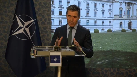NATO Secretary General Anders Fogh Rasmussen orate speech in Prague - 2014 Stock Footage 101903030