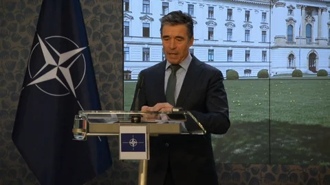 NATO Secretary General Anders Fogh Rasmussen orate speech in Prague - 2014 Stock Footage 101903032