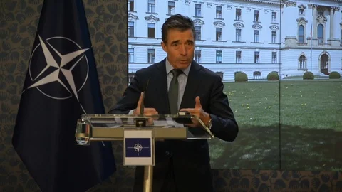 NATO Secretary General Anders Fogh Rasmussen orate speech in Prague - 2014 Stock Footage 101903053