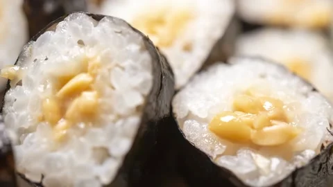 Natto Sushi Roll Cross-Section Close-Up Shot Stock Footage 337592448