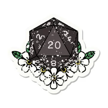 Natural 20 D20 dice roll with floral elements grunge sticker Stock Illustration