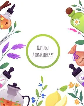 Natural aromatherapy products vector flat poster, glass bottles, teapot with Stock-Illustration