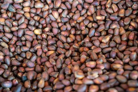 Natural background with pine nuts close up Stock Photos