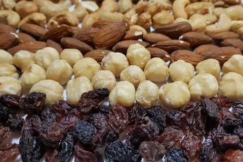 Natural backgrounds of different types of nuts and raisins are lined with row Stock Photos