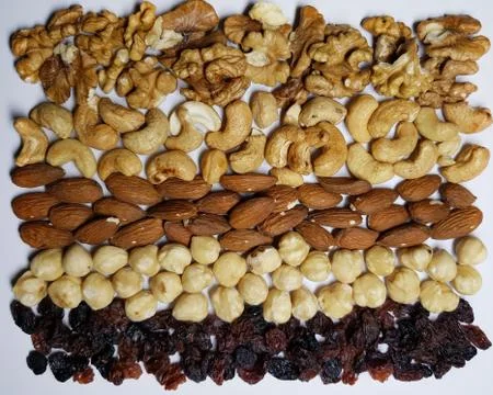 Natural backgrounds of different types of nuts and raisins are lined with row Stock Photos