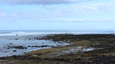 Natural beach with pebbles. In the background some surfers and a ship. Stock Footage 97939604