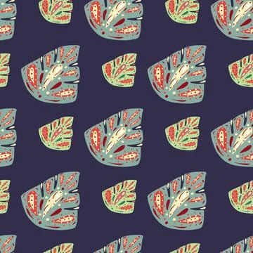 Natural blossom seamless pattern with green and blue abstract monstera elemen Stock Illustration
