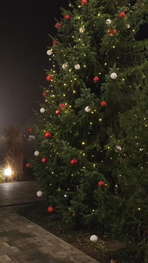 A natural Christmas tree decorated with lights and toys close up Stock Footage 323868626