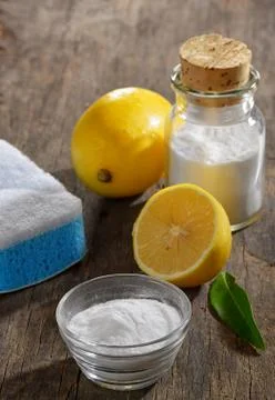 Natural cleaning tools lemon and sodium bicarbonate Free Stock Photos