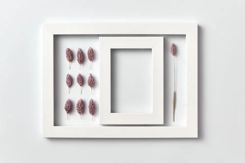 Natural composition from flower buds with empty frame on a light background. Stock Photos