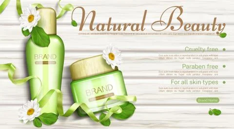 Natural cosmetics bottles with chamomile flowers Stock Illustration