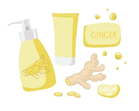 Natural cosmetics with ginger. Ginger root, cream or scrub, shampoo or lotion Stock Illustration