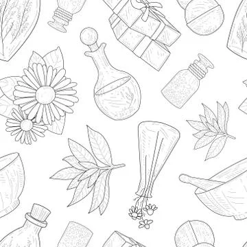 Natural Cosmetics Seamless Pattern, Eco Organic Cosmetic Elements Hand Drawn 스톡 일러스트