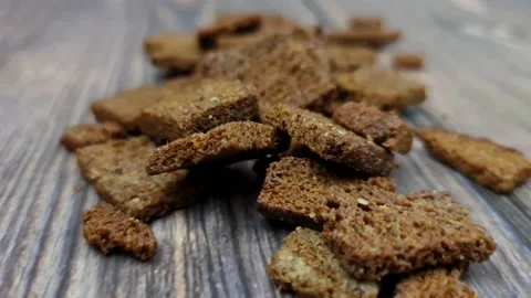 Natural croutons snacks close-up. Rye croutons. Dried bread croutons. Stock Footage 161474610