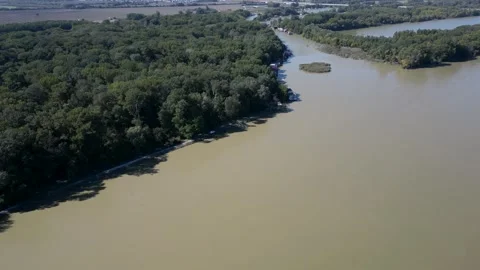 Natural disaster, Danube River flooding the forests around, aerial view, 4k Stock Footage 342939865