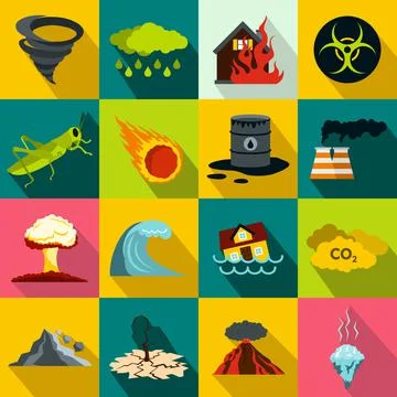 Natural disaster icons set, flat style Stock Illustration
