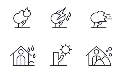 Natural disaster icons set, forest fire, thunderstorm, storm, rain, drought Stock Illustration