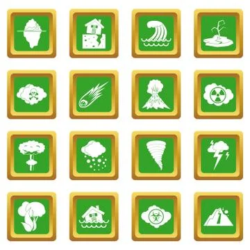 Natural disaster icons set green Illustrazione stock