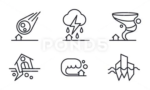 Natural disaster icons set, meteorite fall, thunderstorm, hurricane, earthquake Stock Illustration