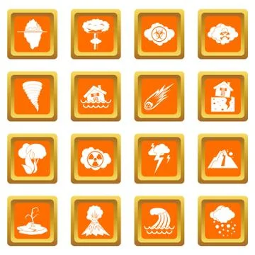 Natural disaster icons set orange Illustrazione stock