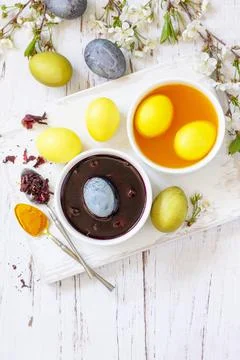 Natural dye for easter eggs, celebration Easter. Homemade colored easter eggs Stock Photos