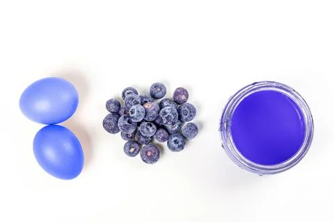 Natural easter eggs dyeing with blueberries, top view Stock Photos