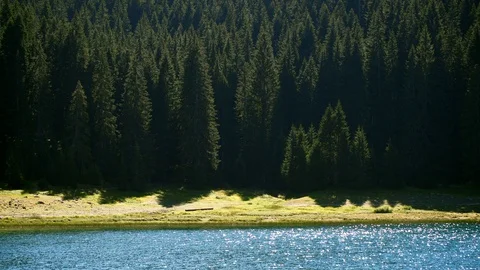 Natural eco-friendly background. sun glare on the water of a mountain lake  Stock Footage 128271599