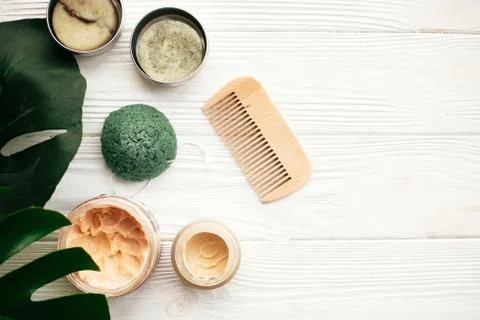 Natural eco friendly solid shampoo bar, wooden brush,  deodorant cream, scrub 库存照片