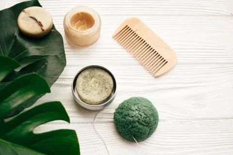 Natural eco friendly solid shampoo bar, wooden brush,  conditioner,soap, konj Stock Photos