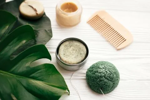 Natural eco friendly solid shampoo bar, wooden brush,  deodorant,soap, konjak 写真素材