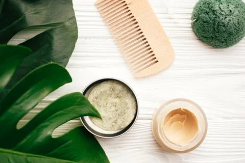 Natural eco friendly solid shampoo bar, wooden brush,  deodorant,soap, konjak 스톡 사진