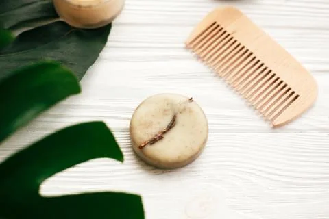 Natural eco friendly solid shampoo bar, wooden brush,  conditioner,soap, deod 스톡 사진