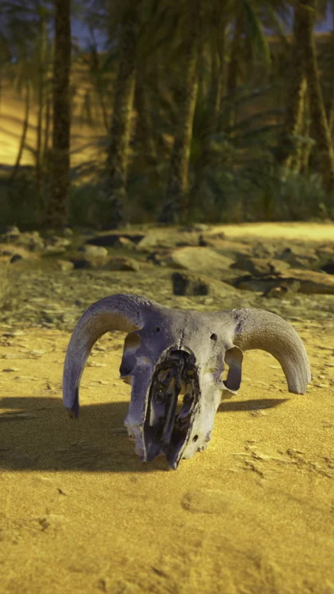 Natural elements converge with a bleached animal skull in a desert landscape Video stock 327781614