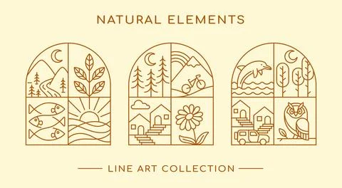 Natural elements line art design collection Stock Illustration