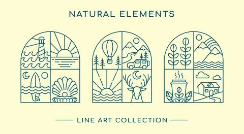 Natural elements line art design collection Stock Illustration