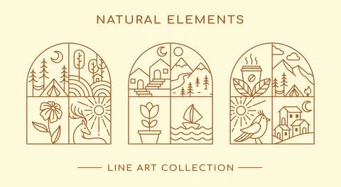 Natural elements line art design collection Stock Illustration