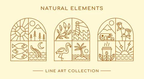 Natural elements line art design collection Stock Illustration