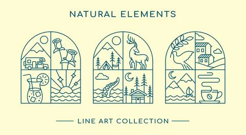 Natural elements line art design collection Stock Illustration