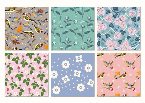 Natural elements seamless pattern set of six Stock Illustration