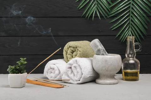 Natural elements spa with aromatic incense Stock Photos