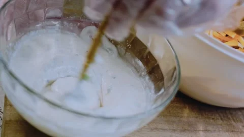 Natural fine dining angle: arranging the loaded potato salad Stock Footage 342198821