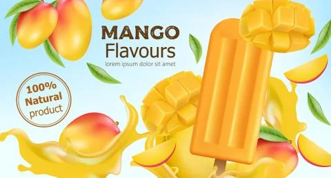 Natural flavoured mango popsicle surrounded by whole and sliced fruit and flo Stock Illustration