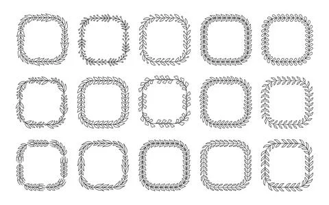 Natural frame leaf square floral black line set Stock Illustration