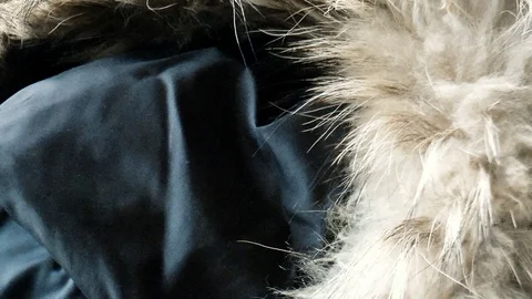 Natural fur on the hood of the jacket Stock Footage