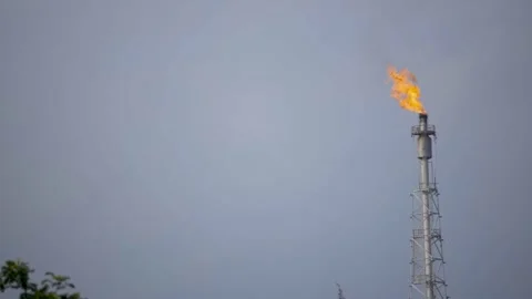 Natural Gas Flare Stack Burning at Oil and Gas Processing Plant Stock Footage 340252920
