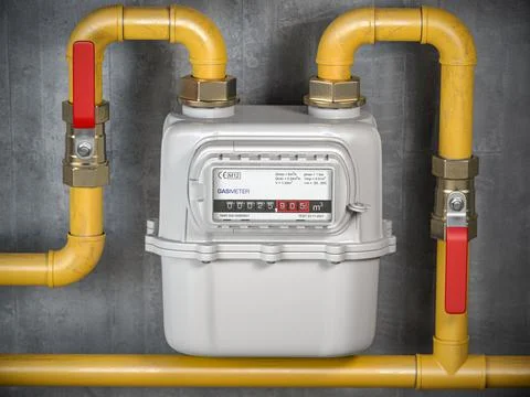Natural gas meter with tubes on the wall. Ilustración de archivo