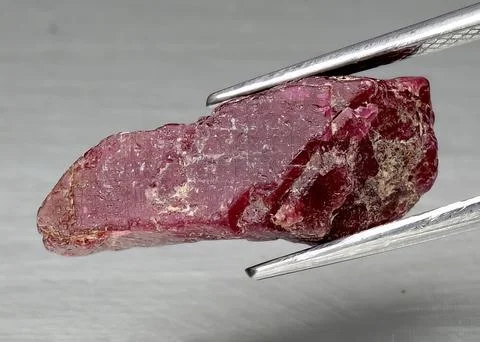 Natural gem red ruby on gray background 스톡 사진