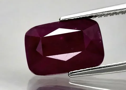 Natural gemstone red ruby in tweezers on a gray background Stock Photos