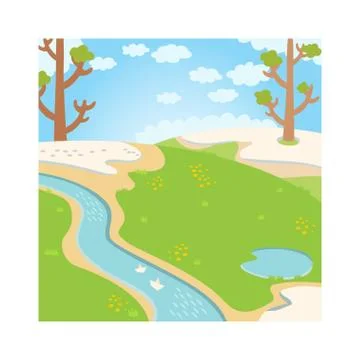 Natural green grass spring background with river, trees, birds and white clouds Stock Illustration